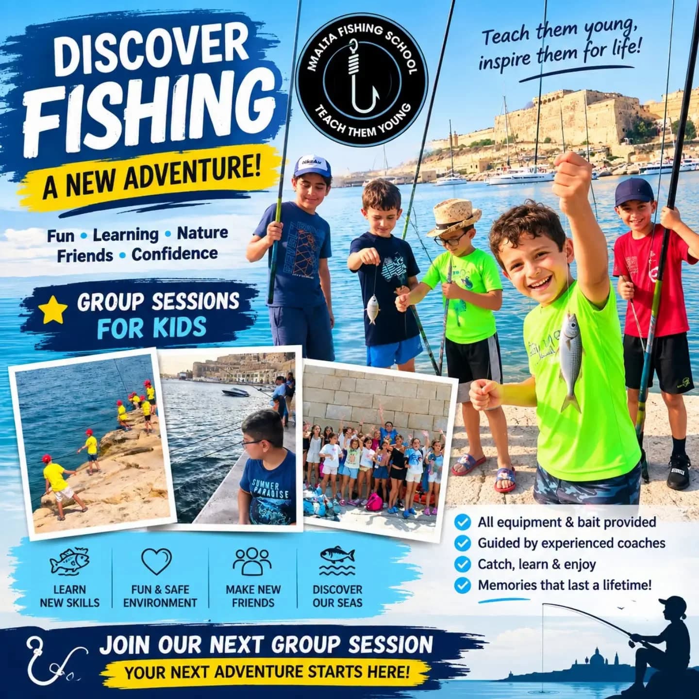 Discover Fishing: Malta Fishing School group sessions for kids, with equipment and bait provided